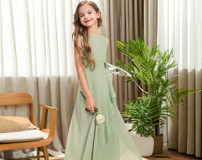Sage Green Girl Dress for wedding Princess Girls Dress Junior Bridesmaid Dress Ankle length Chiffon Girl Dress Flower Gown Pageant Dress