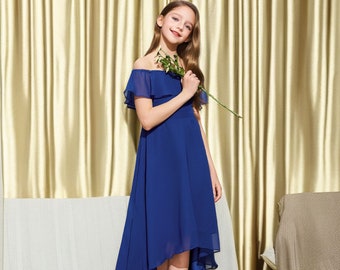 Royal Blue Chiffon Flower Girl Dresses for wedding V Neck Princess Girls Dress Asymmetrical Junior Bridesmaid Dress Sleeveless Party Gown