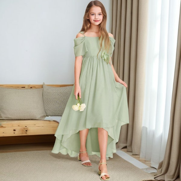 Mädchenkleid für die Hochzeit Prinzessin Mädchenkleid Salbei Grün Junior Brautjungfer Kleid Boden-Länge Chiffon Mädchenkleid Blumenkleid Festzug Kleid
