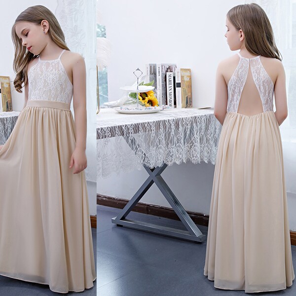 Halter Neck Lace Top Sleeveless Junior Bridesmaid Gown Taupe