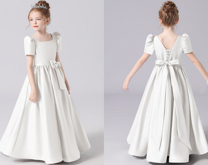 Girls Dress Ivory Satin Princess Dress For Girl Elegant Birthday Christmas Clothes 2-14 Yrs Wedding Flower Girl Dress
