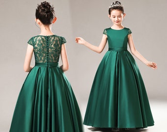 Robe de fille de fleur, robe de fille de première communion, robe de fille vert foncé, robe de fille de fleur de satin, robe de bal de fille de dentelle, robe de fille de fleur d'enfant en bas âge