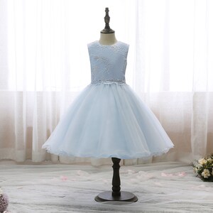 Light Blue Girls Dress Scoop Neck Tulle Flowers Sleeveless Princess Dress For Girl Flower Girl Dresses First Communion Dress