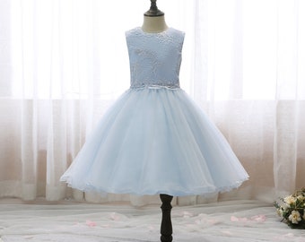 Light Blue Girls Dress Scoop Neck Tulle Flowers Sleeveless Princess Dress For Girl Flower Girl Dresses First Communion Dress