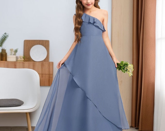 Slate blue one shoulder Girl Dress for wedding Princess Girls Dress Junior Bridesmaid Dress Chiffon Girl Dress Flower Gown Pageant Dress