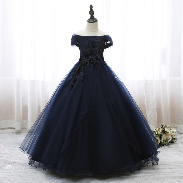 Navy Blue Floor LengthTulle Flower Girl Dresses For Wedding,Flower girls dresses,Lace dress, Flower girl dresses,Custom girl dress