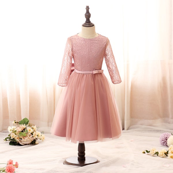 Robes de fille de fleur de rose poussiéreuse pour le mariage 3/4 manches princesse dentelle jeune demoiselle d’honneur robe filles, robe de fête, robe de première communion,