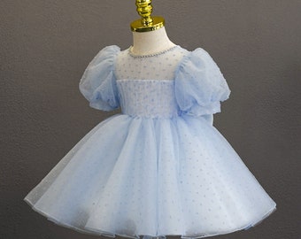 Blue Lace Tulle Girls Dress Big Bow Short Sleeve Princess Dress For Girl Flower Girl Dresses Knee Length First Communion Dress