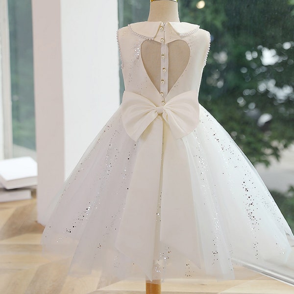 Girls Dress New High-End V Back Big Bow Ivory Sleeveless Princess Dress For Girl Flower Girl Dresses First Communion Dress