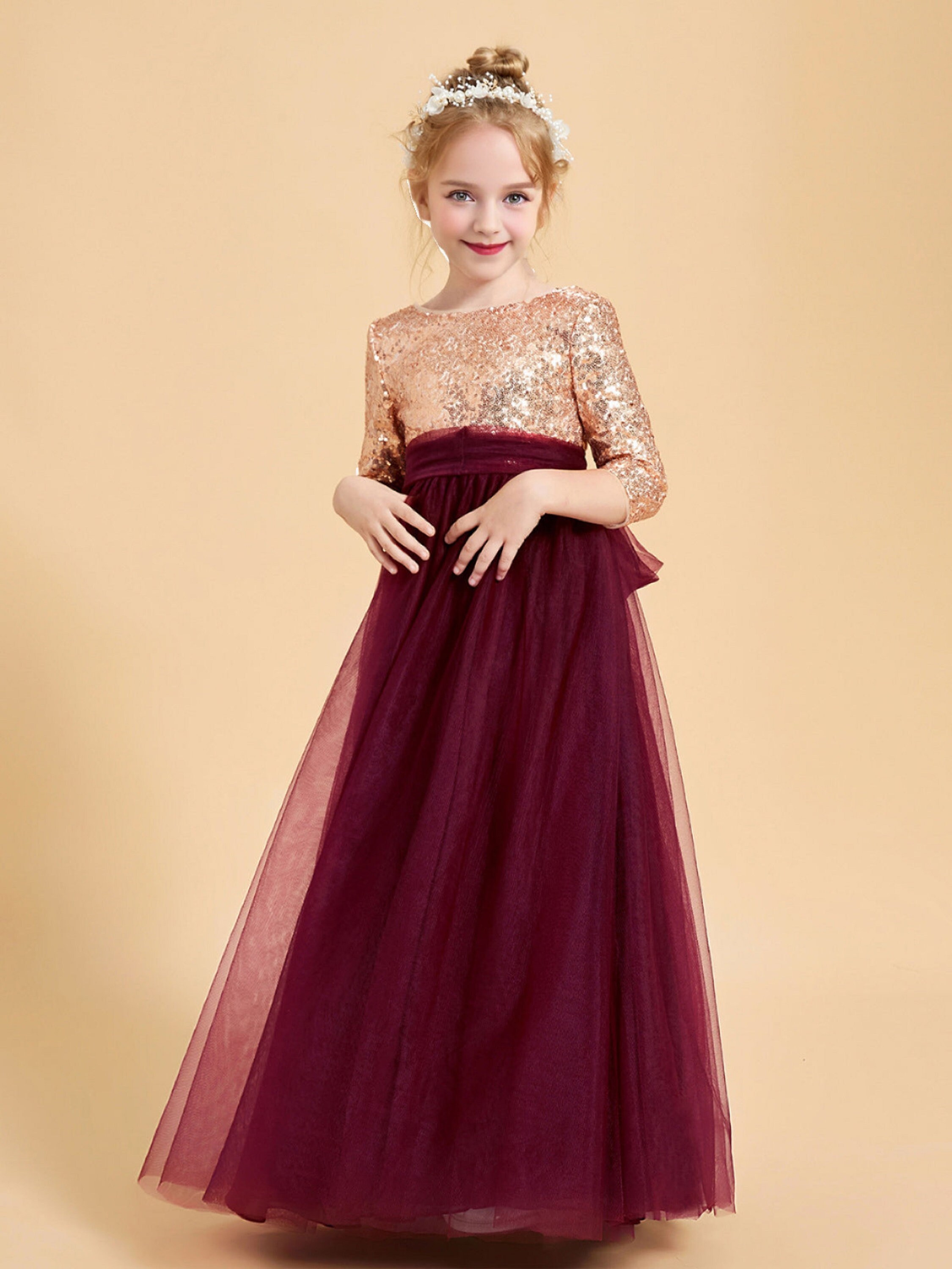 Big Girls Burgundy Lace Sequin Belt Glitter Tulle Junior Bridesmaid Dress 8-16 main image 0