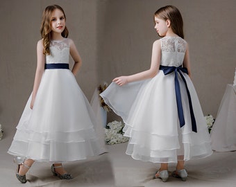 Lace Flower Girl Dresses Navy Blue Belt Sleeveless Kids Birthday Party Pageant Gowns Ivory Weddings First Communion Elegant Dress