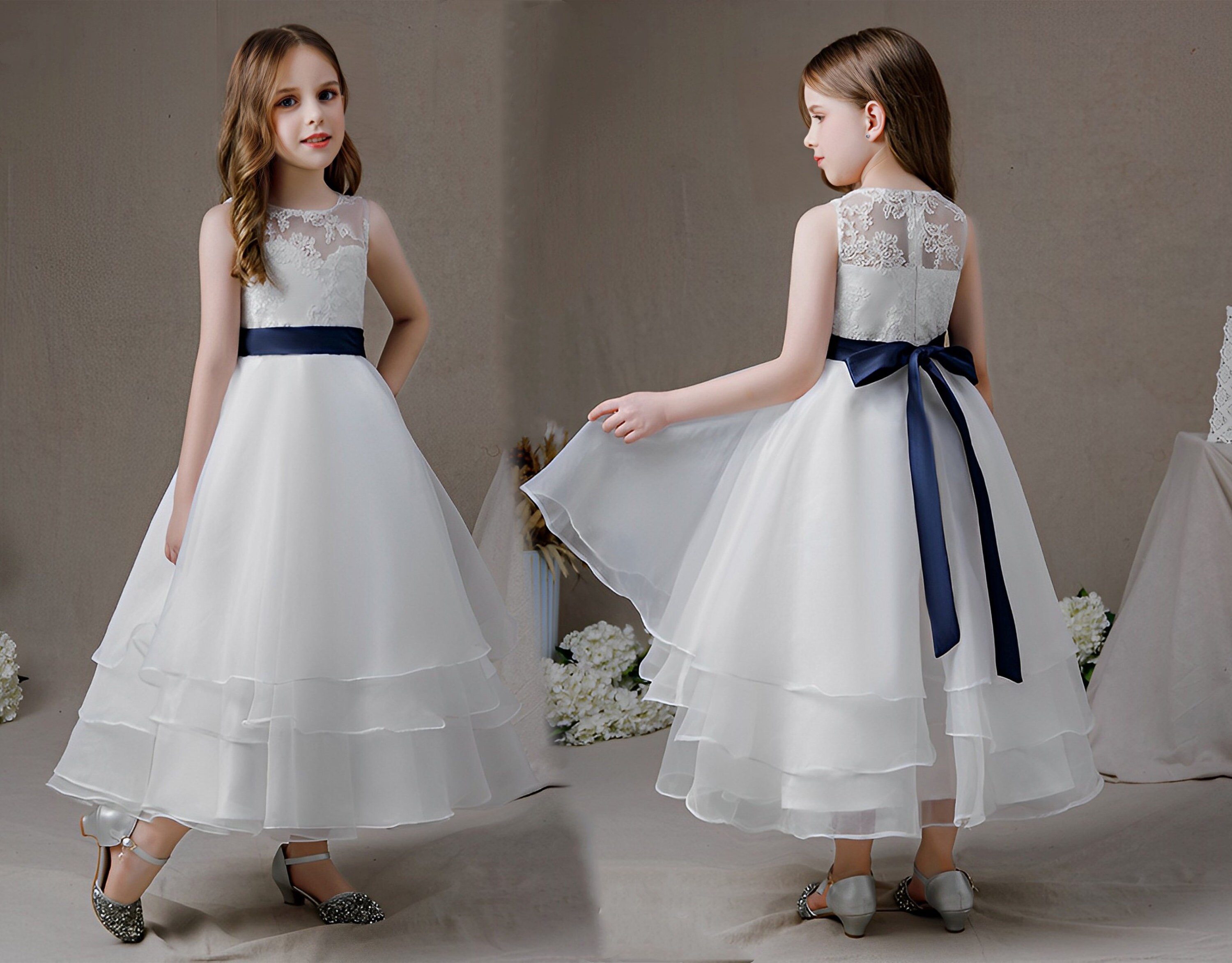 White and navy flower girl dress clearance