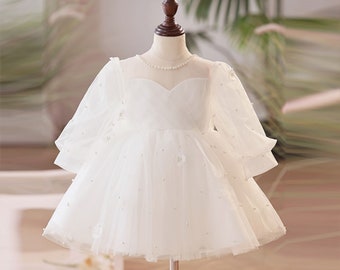 Ivoire Tulle Filles Robe Grand Arc Demi Manches Princesse Robe Pour Fille Fleur Fille Robes Genou Longueur Première Communion Robe