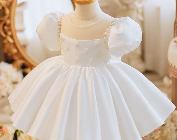 Ivory Stian Girls Dress Big Bow Short Sleeve Princess Dress For Girl Flower Girl Dresses Knee Length First Communion Dress
