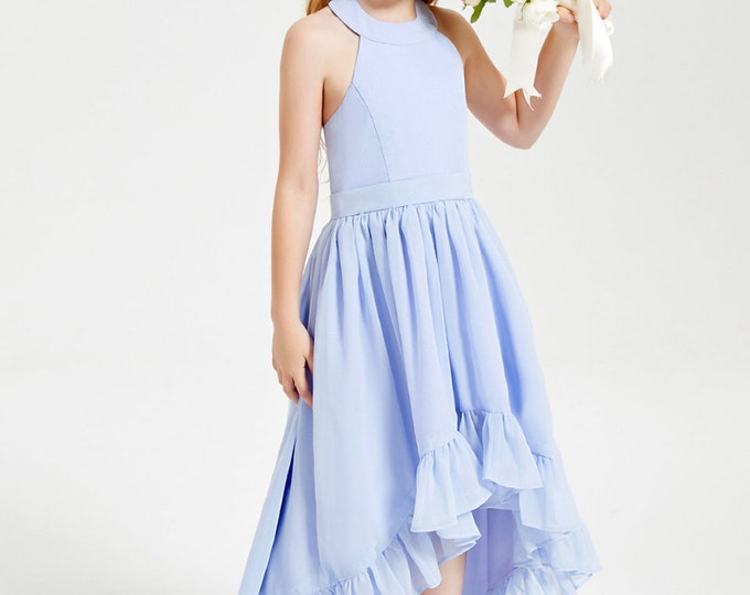 Asymmetrical Lavender Flower Girl Dresses Princess Girls Dress Halter Floor-Length Chiffon Junior Bridesmaid Dress Holy Communion Dress