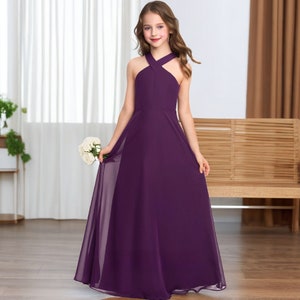 Purple Chiffon V Neck Flower Girl Dresses Princess Girls Dress Halter Floor-Length Chiffon Junior Bridesmaid Dress Holy Communion Dress