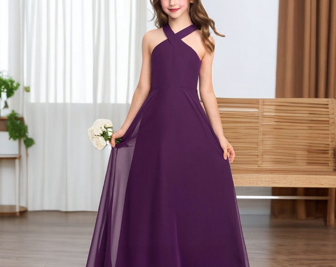 Purple Chiffon V Neck Flower Girl Dresses Princess Girls Dress Halter Floor-Length Chiffon Junior Bridesmaid Dress Holy Communion Dress