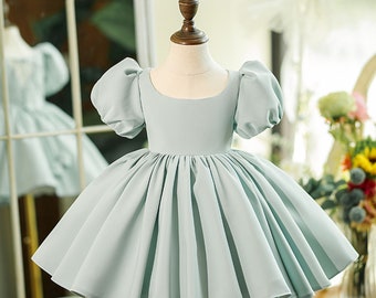 Satin Girls Dress Big Bow Short Sleeve Princess Dress For Girl Flower Girl Dresses Knee Length First Communion Dress