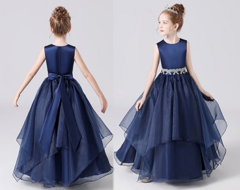 Girls Dress Navy Blue Organza Sleeveless  Princess Dress For Girl Elegant Birthday Christmas Clothes 2-14 Yrs Wedding Flower Girl Dress