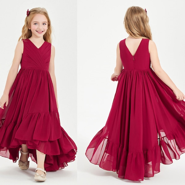 Junior-Brautjungfer Kleid Burgund Blumenmädchenkleider Prinzessin Mädchenkleid A-Linie V-Ausschnitt Asymmetrisches Chiffon Kleid für Junior-Brautjungfern