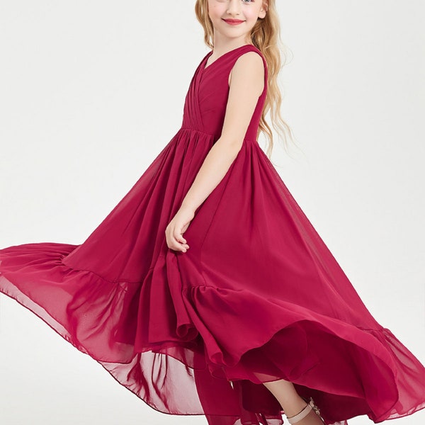 Junior Brautjungfer Kleid Burgund Blumenmädchenkleider Prinzessin Mädchen Kleid A-Linie V-Ausschnitt Asymmetrische Chiffon Junior Brautjungfer Kleid