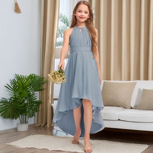 Dusty Blue Girl Dress for wedding Halter Princess Girls Dress Junior Bridesmaid Dress Asymmetrical Chiffon Girl Dress Flower Gown