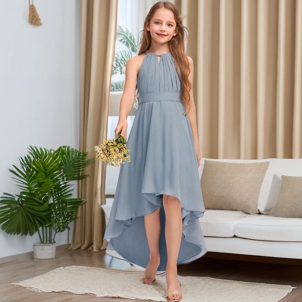 Dusty Blue Mädchenkleid für Hochzeit Neckholder Prinzessin Mädchenkleid Junior Brautjungfer Kleid Asymmetrisches Chiffon-Mädchenkleid Blumenkleid