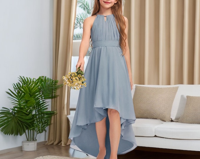 Dusty Blue Girl Dress for wedding Halter Princess Girls Dress Junior Bridesmaid Dress Asymmetrical Chiffon Girl Dress Flower Gown