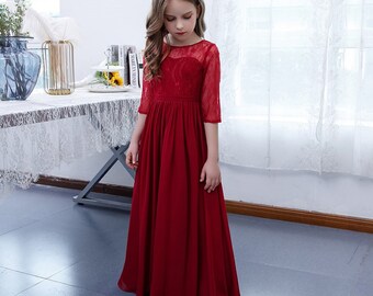 Bourgogne Mousseline de soie Demi-manches Dentelle Long Flower Girl Robes Une ligne Kid Birthday Pageant Gowns Party Gown Party Gown