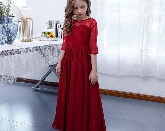 Burgundy Chiffon Half Sleeves Lace Long Flower Girl Dresses A Line Kid Birthday Pageant Party Gowns Pageant Party Gown Princess Gowns