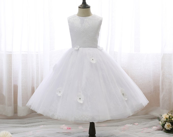 Ivory Girls Dress Scoop Neck 3D Flowers Sleeveless Princess Dress For Girl Flower Girl Dresses First Communion Dress