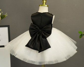 Girls Dress Big Bow Black Ivory Sleeveless Princess Dress For Girl Flower Girl Dresses Knee Length First Communion Dress