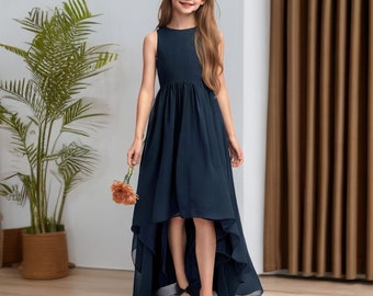 Dark Navy Chiffon Flower Girl Dresses for wedding Princess Girls Dress Asymmetrical Junior Bridesmaid Dress Short Sleeve Party Gown