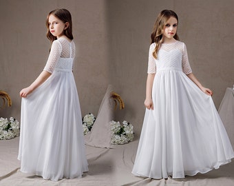 Ivoire Mousseline de soie Demi-manches Dentelle Long Flower Girl Robes Kid Birthday Little Bridesmaid robes Princess Gowns Junior Bridesmaids Robe