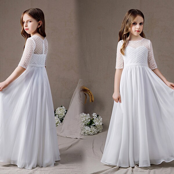 Half Sleeve Lace Bodice Chiffon Junior Bridesmaid Dresses Ivory main image 0