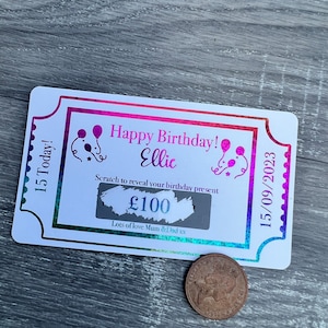 Personalised Birthday scratch card, scratch and reveal card, gift, birthday money, gift voucher, personalised ticket, teenager,birthday gift