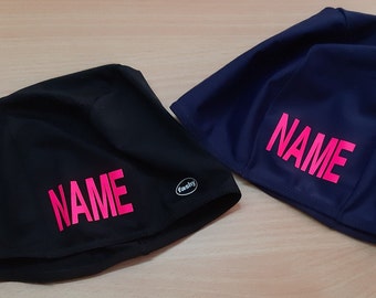 Swimming cap with name printed for school swimming lessons and swimming