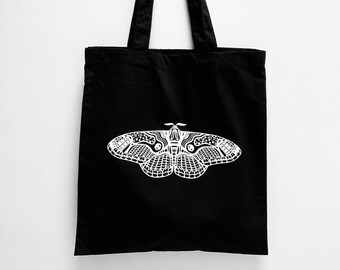 White Skull Moth Black Organic Canvas Cotton Reusable Eco Tote Bag