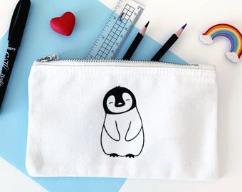 Happy Little Penguin Small Cotton Canvas Accessory Zip Pouch Bag | Cute Penguin Coin Purse | Pencil Pouch | Penguin Gift