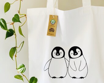 Cute Penguins Organic Cotton Tote Bag | Canvas Cotton Reusable Eco Friendly Shopping Bag for Life | Custom Personalised Penguin Gifts