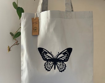 Black Butterfly Grey Organic Canvas Cotton Reusable Tote Bag