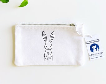 Little Rabbit & Dandelion Small Cotton Canvas Zip Pouch | Cute Rabbit Coin Purse | Rabbit Pencil Case | Rabbit Cosmetic Pouch | Rabbit Gifts