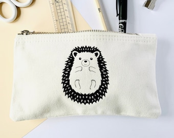 Cute Hedgehog Small White Cotton Accessory Zip Pouch | Pencil Case |  Makeup Bag | Woodland Animals | Cottagecore | Hedgehog Lover Gifts