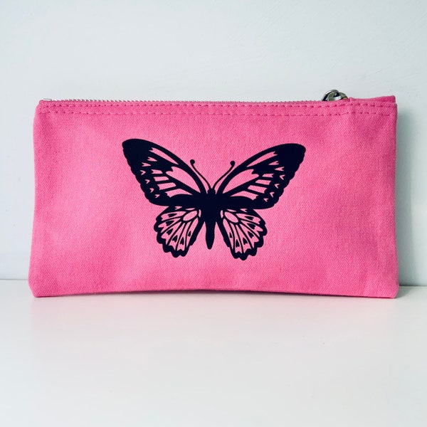 Love Heart Butterfly Printed Small Pink Cotton Accessory Zip Pouch | Make-up Bag | Pencil Case | Travel Pouch | Butterfly Lover Gifts