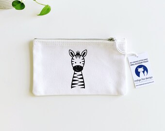 Cute Smiling Zebra Small Brushed Cotton Zip Pouch | Black & White Zebra Purse | Zebra Pencil Case | Cute Safari Animals | Zebra Gifts