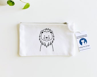 Cute Lion Small Brushed Cotton Canvas Zip Pouch | Lion Pencil Pouch | Small Toy Pouch  | Lion Gifts