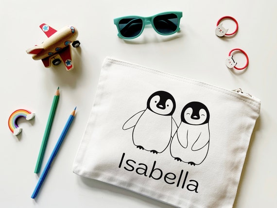 Cute Penguin Friends Personalised Canvas Zip Pouch Custom Name
