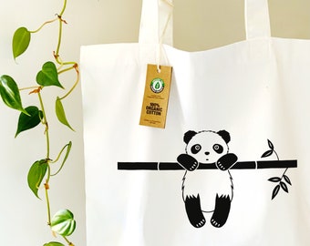 Cute Panda Bear Organic Cotton Tote Bag | Personalised Name Eco Friendly Panda Canvas Tote Bag | Panda Gifts