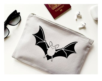 Cute Bat Large Brushed Cotton Canvas Zip Pouch |  Bat Makeup Bag | Bat Pencil Case | Goth Girl Gifts | Emo Gifts | Bat Lover Gifts