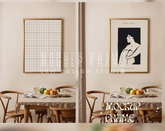 May include: Two framed art prints with gold frames hang on a beige wall. One print features a grid pattern, the other a black and white illustration of a person. A table with fruit and chairs is in front.